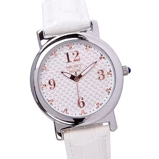  迪士尼米奇儿童手表可爱中学生女表女孩白真皮带时装表时尚复古表