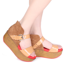 2012夏季新款女鞋日系高跟坡跟松糕跟露趾拼色个性休闲凉鞋真皮