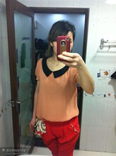 2012新款短袖大码撞色翻领娃娃领雪纺衫女夏蝴蝶结娃娃衫雪纺衬衣