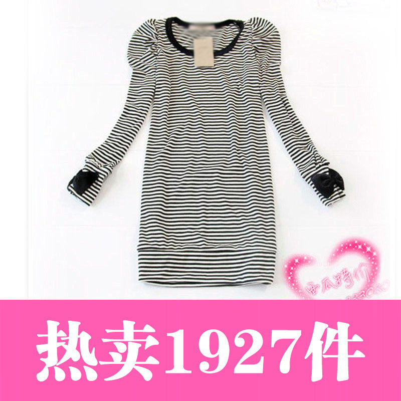 甦153-2191 2012新款春秋韩版女装泡泡袖长款打底衫 条纹长袖T恤