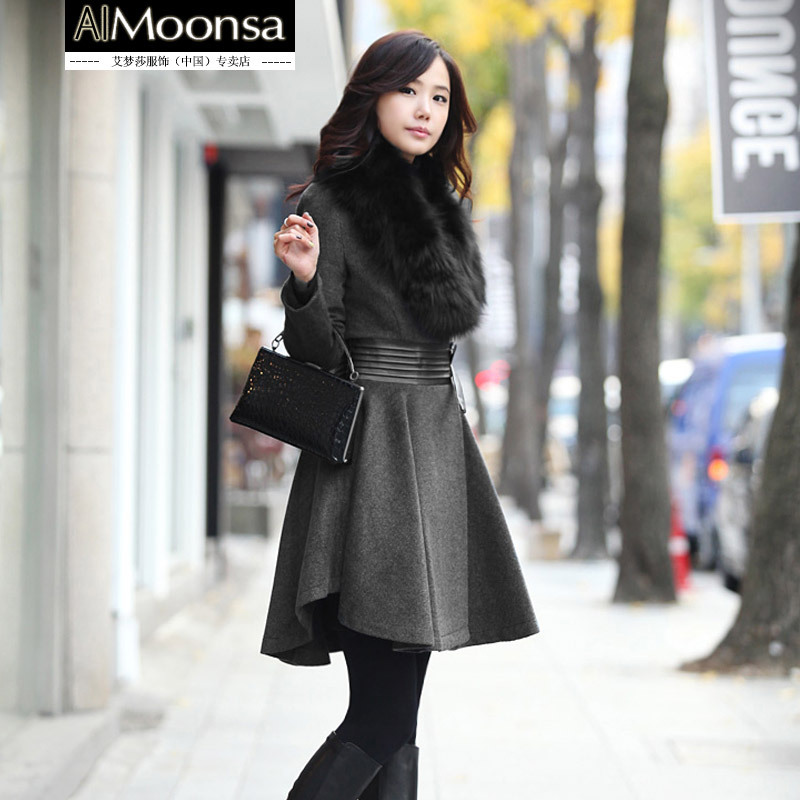 修身加厚毛领呢子大衣...