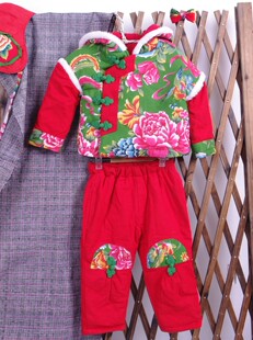  原创童装--儿童唐装/带帽子外套/棉衣棉裤套装--绿花款