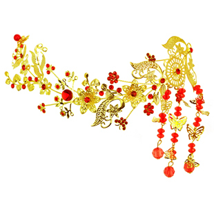  千色新娘富贵妖娆 水钻红色古装盘发头饰步摇 流苏发簪子结婚发饰