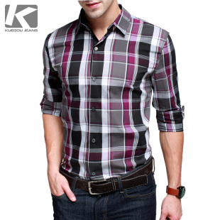  【KUEGOU】包邮 男士格子衬衫长袖 男纯棉格子衬衣修身男装KC-02
