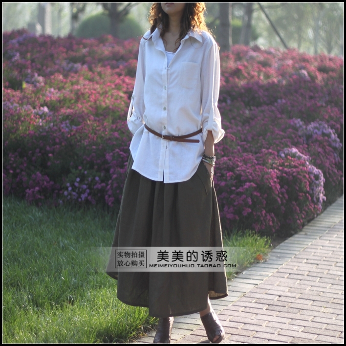 新款亚麻宽松长袖...