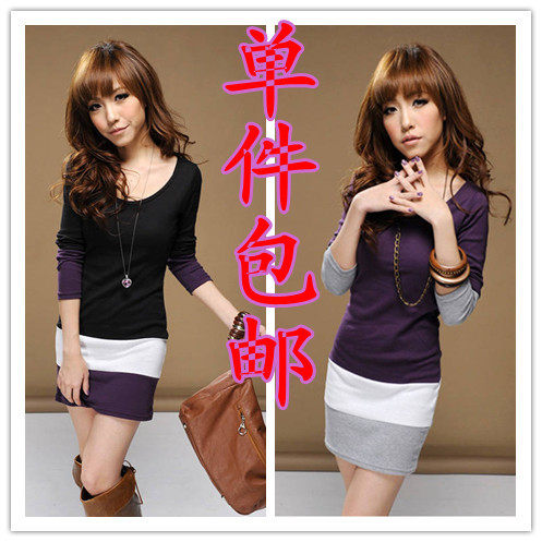 2012<span class=H>on</span><span class=H>ly</span>新款春装女装韩版甜美淑连衣裙拼接修身长袖长款T恤包邮
