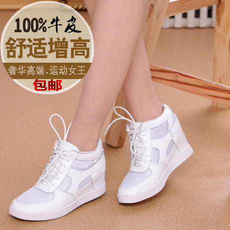 真皮夏季网布白色高跟运动鞋<em>内增高鞋女</em>高帮鞋