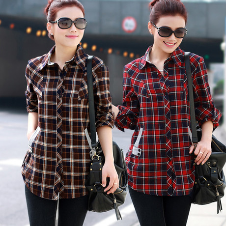 2014<em>春装</em>品牌中年<em>女装</em> 经典格子女<em>衬衫</em> 韩版显