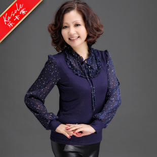  乐卡索新品上衣中老年长袖女装秋装木耳边T恤妈妈装中年女装