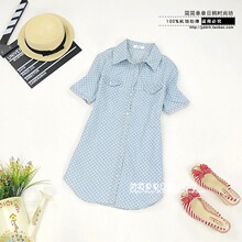 c60-特价韩版杂志11春夏新款甜美圆点女式中长款短袖牛仔衬衫细节