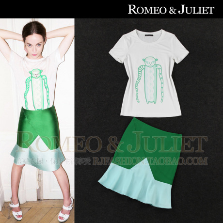 【设计师】2014夏装欧美女装新款卡通印花短袖T恤+鱼尾半身裙套装