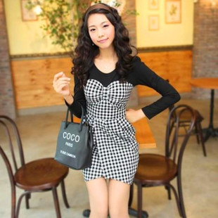 Atama new Korean Finoia belly band in spring 2012 and summer tie dress-black and white Plaid mosaic 089