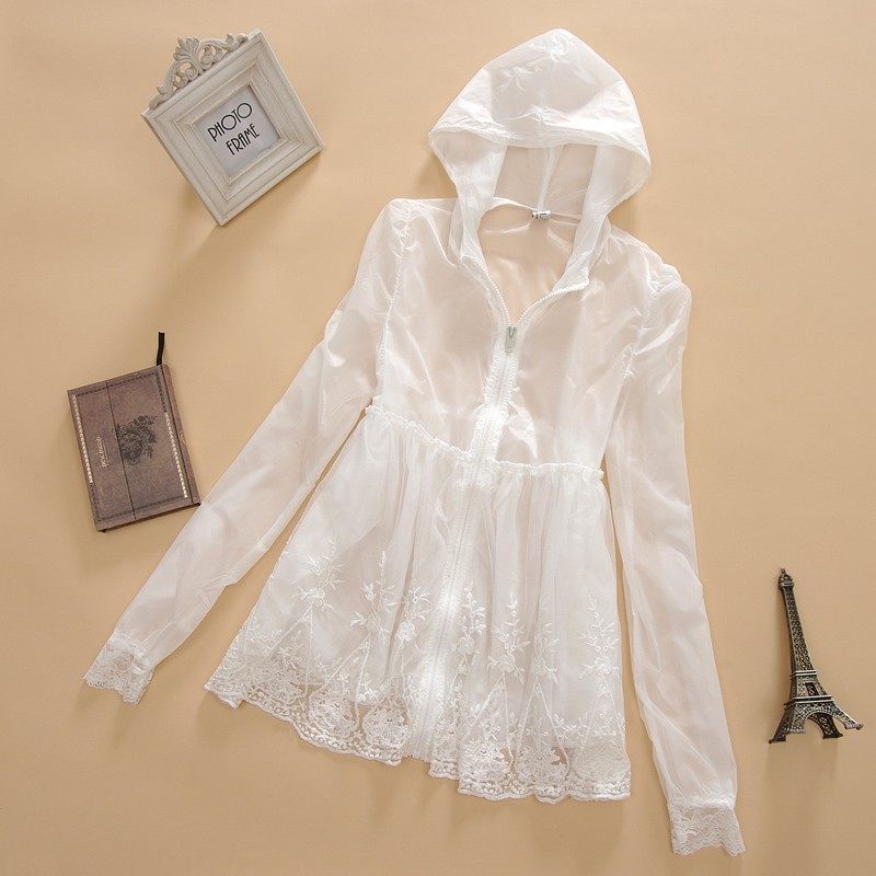 2013 new Korean authentic Hoodie Sun thin transparent lace dress length sleeve Jacket Women's Candy-colored Sun-protective clothing