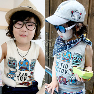  韩版夏装新款机器人男童装女童装宝宝儿童无袖T恤背心tx-0979