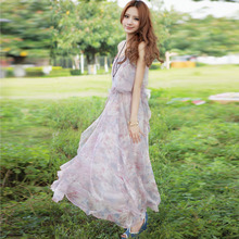 恋上鱼2012连衣裙夏季新款日系甜美波西米亚沙滩雪纺碎花吊带长裙