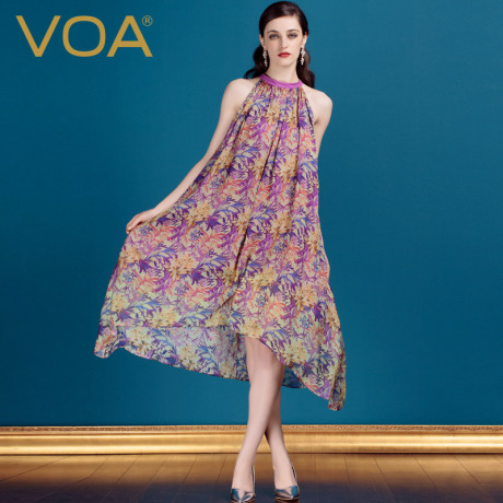 VOA 番红花紫真丝雪纺植物喷绘挂脖领挖肩无袖A版长裙 不限身材商品大图