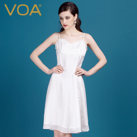 VOA 天然本白丝滑真丝吊带睡裙露背 高腰桑蚕丝连衣裙女A0353商品大图