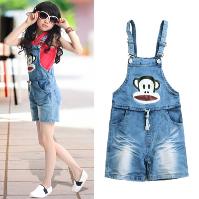 2014<em>夏装</em>新款<em>女</em>大童<em>牛仔背带</em>裤女童<em>背带短裤</em>