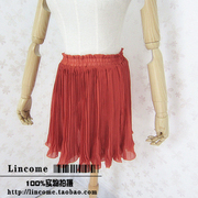 lincome砖红色复古松紧腰百褶裙，雪纺女生短裙，百搭单品压折裙