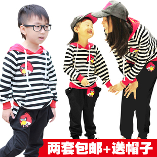  愤怒的小鸟亲子装秋装新款母子装母女装 儿童装条纹套装韩版套装