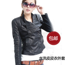 2012春装新款 皮衣 女 短款 韩版水洗皮外套 斜拉链机车服 皮衣