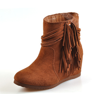  流苏短靴秋短筒靴内增高靴新款磨砂牛皮坡跟女单靴子套筒包邮