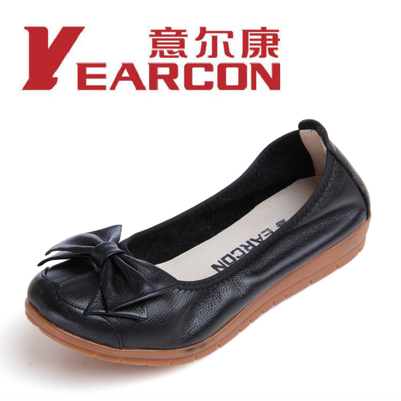 新款意爾康單鞋女鞋正品低跟平底真皮蝴蝶結媽媽鞋大碼大號女鞋