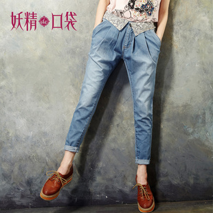  妖精的口袋旗舰店正品牌春春女装新款欧美蕾丝腰封牛仔裤