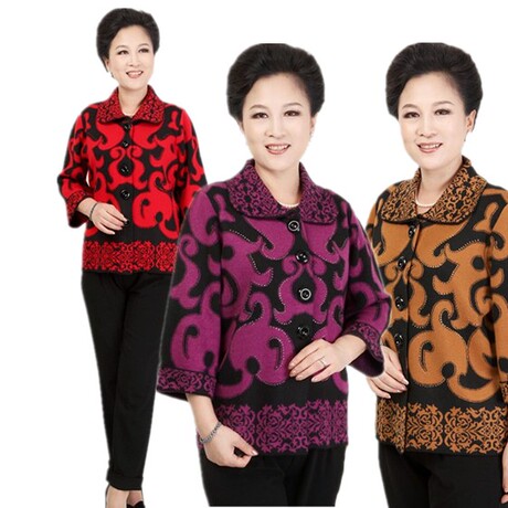 新款七分袖羊毛尼外套毛衣开衫老人羊毛短大衣