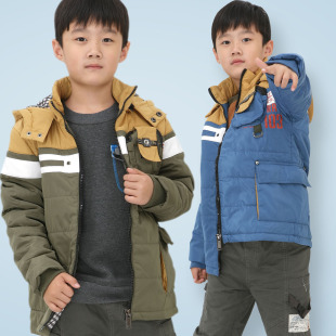  包邮 男童加厚棉服韩版拼接夹棉加绒棉衣儿童中大童带帽棉袄冬款