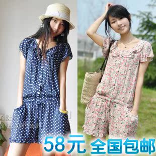 夏装韩版女装高腰大码女短裤连体裤沙滩裤碎花连体衣短裤热裤