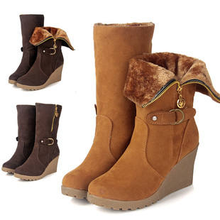  秋冬新款欧美坡跟厚底圆头裸靴马丁靴短靴女靴子雪地靴高跟女鞋子