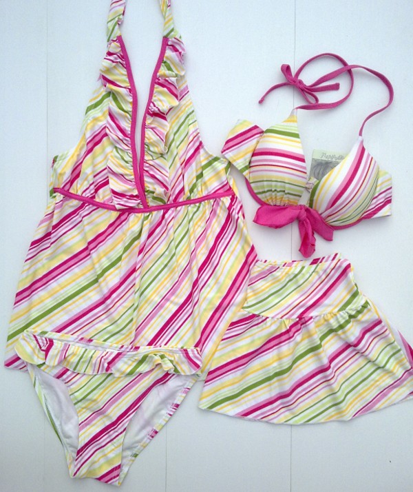 【泳衣四件套】彩色条纹分体裙式泳装泡温泉泳衣粉色条纹钢托