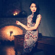 弹力麻旗袍.豹点与花。复古中式礼服改良新款夏装时尚古典连衣裙