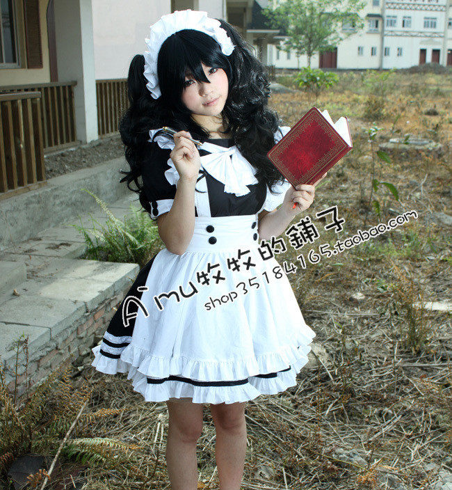 牧牧の铺子。lolita/SD/COS荷叶边黑白搭配女仆装连衣裙-