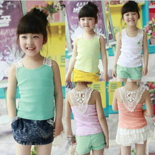  特价跑量夏款韩版童装女童蕾丝背心罗纹蝴蝶结背心无袖T恤