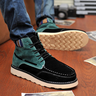  冬新款韩版内增高牛仔潮靴帆船复古男式马丁靴加绒休闲棉鞋