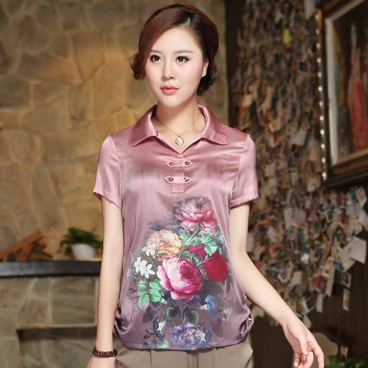 【<em>淘宝网女装</em>】真丝<em>衬衫</em>女 短袖桑蚕丝上衣-衬