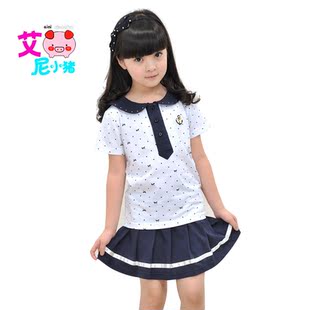  艾尼小猪 新款夏装儿童学院风两件套装 短袖波点T恤百褶短裙