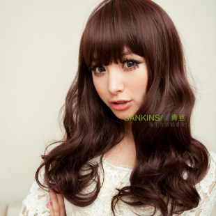 [New] black hair wig long fluffy Qi Liuhai wig girls flower head wigs women's