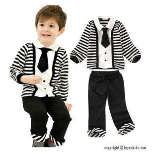  童装 男童套装 春装新款韩版学院风绅士条领带套装 儿童套装