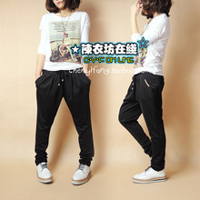 韩版<span class=H>潮裤</span> 经典OL蕾丝高腰哈伦裤宽松锥裤显瘦女休闲裤长裤子 黑色