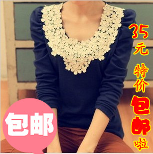 包邮 2012新款春装韩版泡泡袖蕾丝花边上衣 长袖T恤 圆领打底衫女