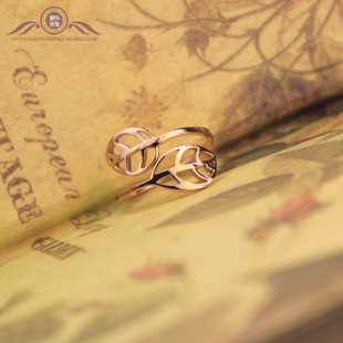  时尚镀18K玫瑰金复古镂空树叶戒指女彩金韩版钛钢指环可调节礼物