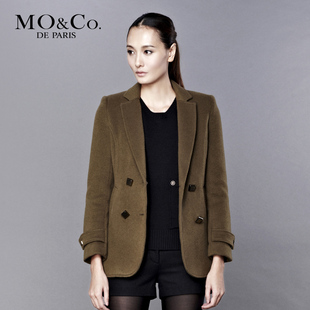 MO&amp;Co. 摩安珂 M104OVC30女西装领双排扣大衣 纯色毛呢外套 moco