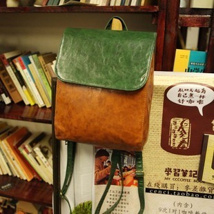  新款复古欧美文艺风油皮撞色休闲双肩背包 书包女式包