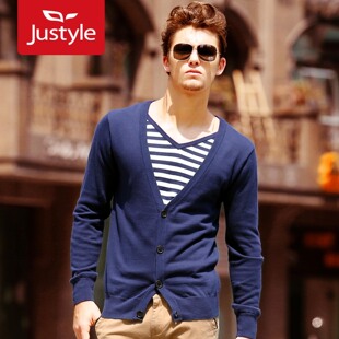  【Justyle】懒人套 时尚撞色条纹内搭V领男士假两件针织开衫
