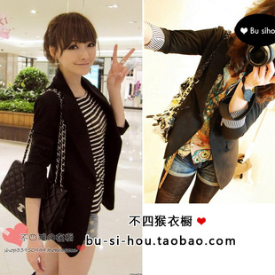 2012春新AYUKI专柜同款条纹衬中长款修身黑色西装外套女1002