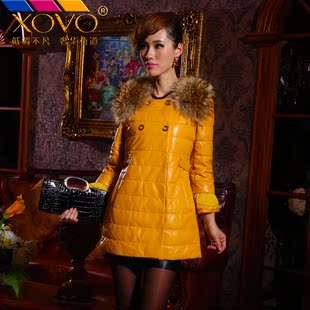  法国精品 新款貉子毛领双排扣绵羊皮羽绒服真皮羽绒皮衣女中长款