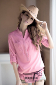 Jin Nuona Korea Korea stand-up collar career blouse candy colored loose chiffon long-sleeved shirt, long-Shirt